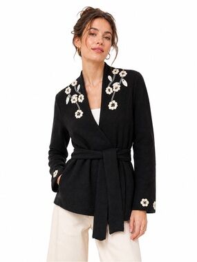 Cynthia Rowley Embroidered Wool Wrap Cardigan M Floral Boho Chic Whimsigoth